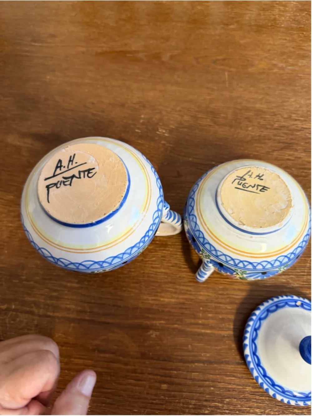 Vintage A.H. Puente Hand Painted Spanish Pottery Creamer & Covered Sugar Bowl Se